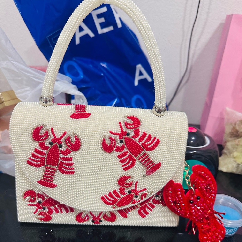 Beaded White Handbag with Red Lobster Motif